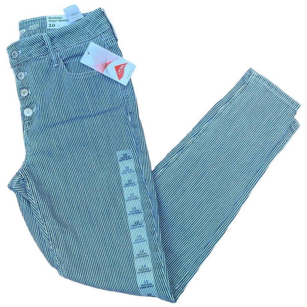Old Navy Rockstar Sz 10 Striped Mid Rise Blue White Super Skinny Stretchy Jeans